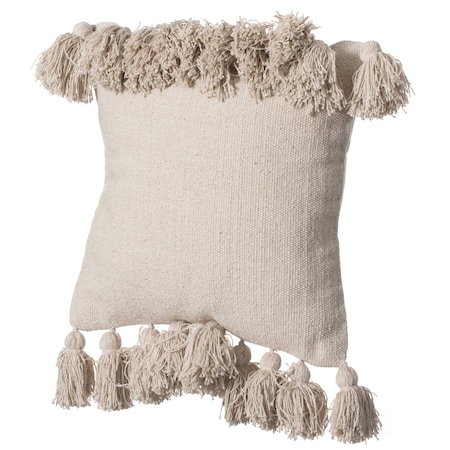16 Handwoven Cotton Throw Pillow Cover With Side Fringed Tassels, Natural